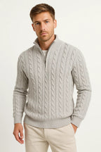 Men Sweater | Cable Knit with Zip Neckline Pullover Fit - Evergreen Outfits- Sweaters