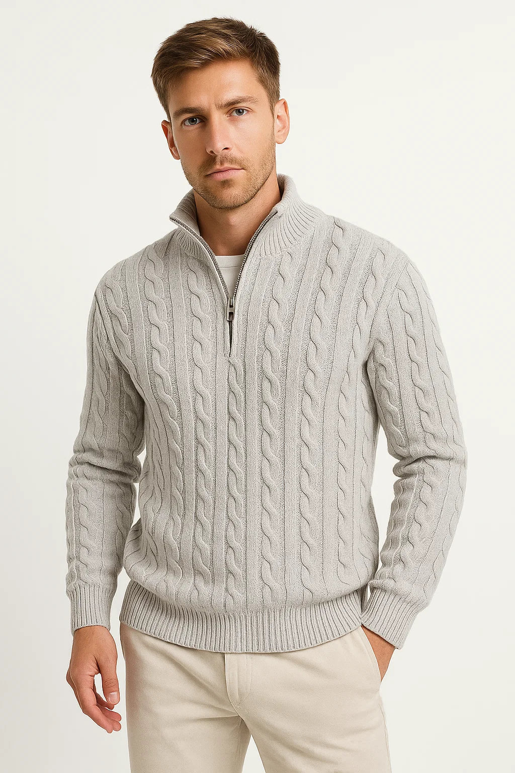 Men Sweater | Cable Knit with Zip Neckline Pullover Fit - Evergreen Outfits- Sweaters