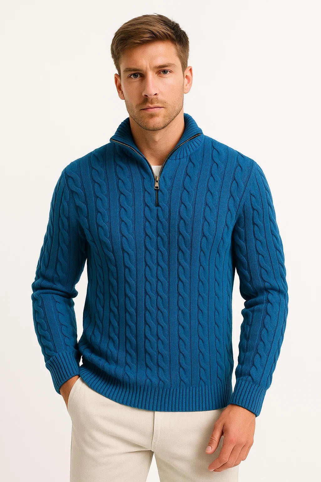 Men Sweater | Cable Knit with Zip Neckline Pullover Fit - Evergreen Outfits- Sweaters