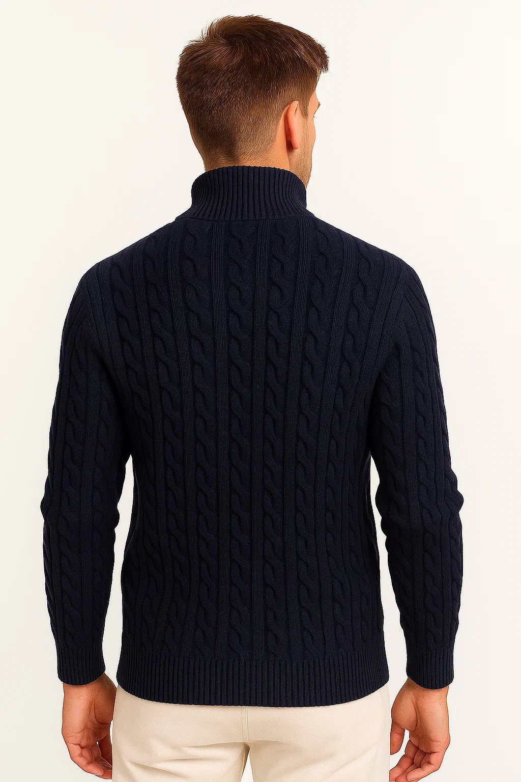 Men Sweater | Cable Knit with Zip Neckline Pullover Fit - Evergreen Outfits- Sweaters