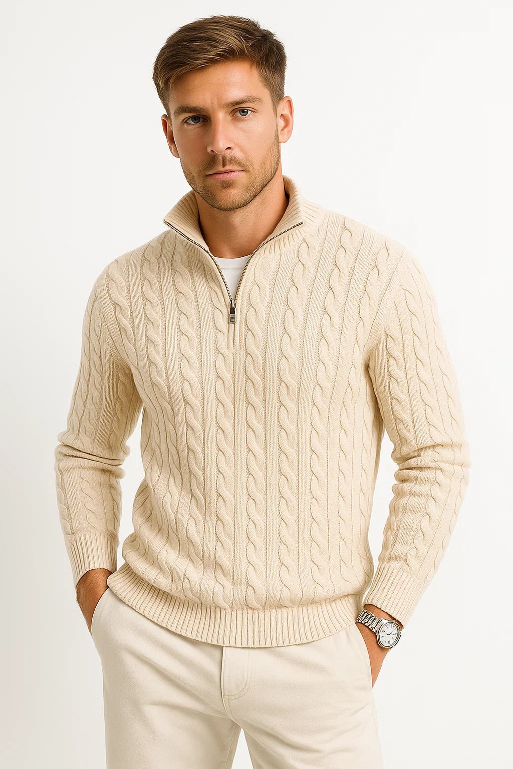 Men Sweater | Cable Knit with Zip Neckline Pullover Fit - Evergreen Outfits- Sweaters