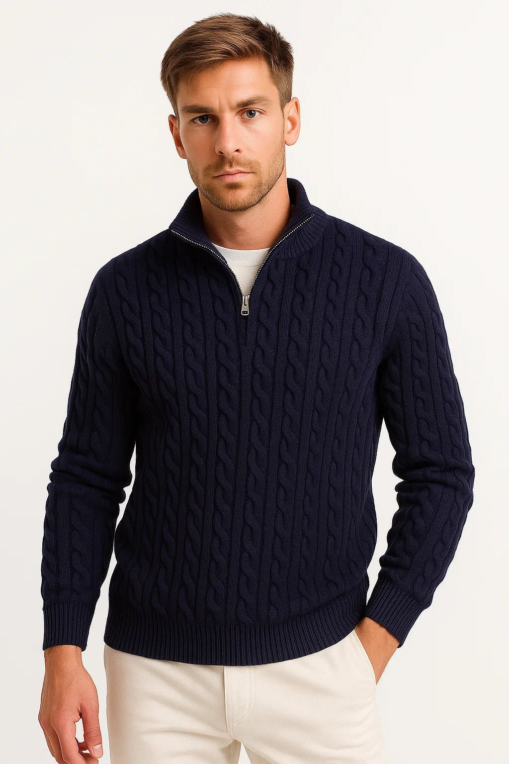 Men Sweater | Cable Knit with Zip Neckline Pullover Fit - Evergreen Outfits- Sweaters
