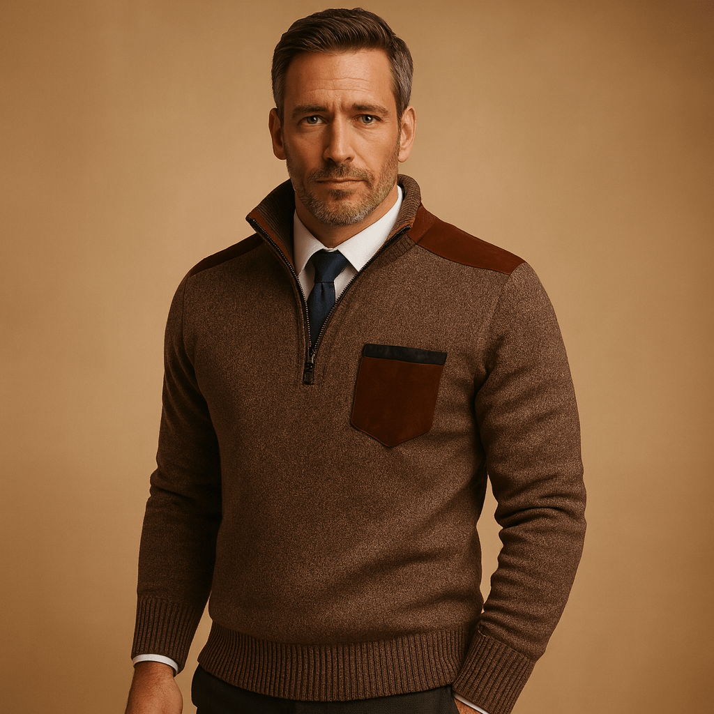 Men Sweater | Half-Zip Collar with Chest Pocket Long Sleeve - Evergreen Outfits- Sweaters