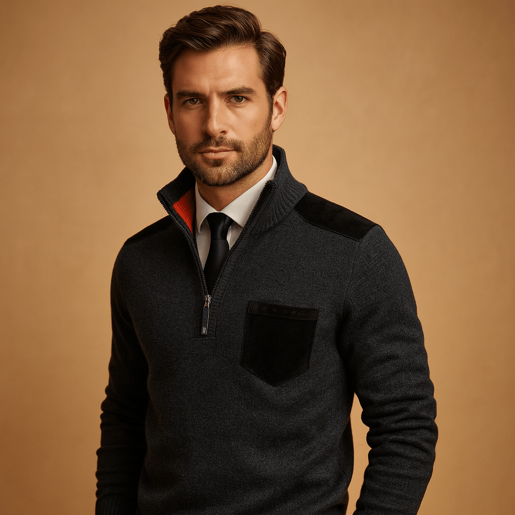 Men Sweater | Half-Zip Collar with Chest Pocket Long Sleeve - Evergreen Outfits- Sweaters
