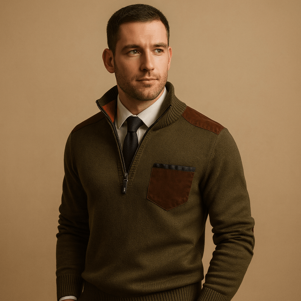 Men Sweater | Half-Zip Collar with Chest Pocket Long Sleeve - Evergreen Outfits- Sweaters