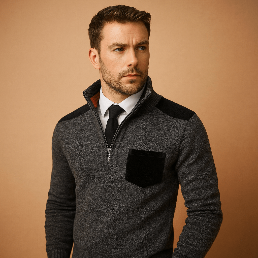 Men Sweater | Half-Zip Collar with Chest Pocket Long Sleeve - Evergreen Outfits- Sweaters