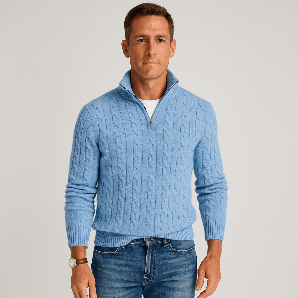 Men Sweater | Half-Zip High Collar with Ribbed Finish - Evergreen Outfits- Sweaters