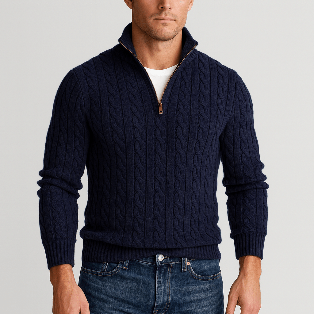 Men Sweater | Half-Zip High Collar with Ribbed Finish - Evergreen Outfits- Sweaters
