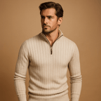 Men Sweater | Half-Zip Ribbed Knit with Long Sleeves - Evergreen Outfits- Sweaters