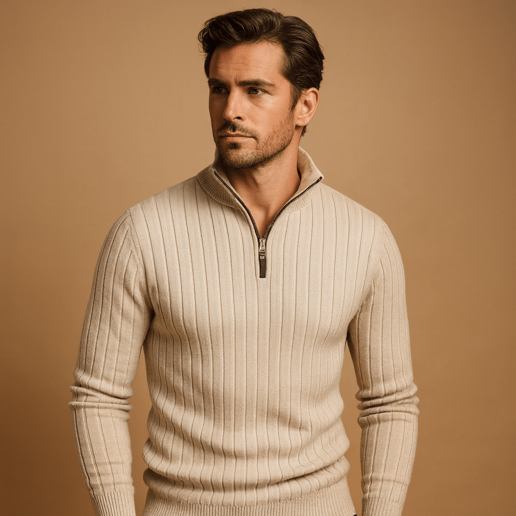 Men Sweater | Half-Zip Ribbed Knit with Long Sleeves - Evergreen Outfits- Sweaters