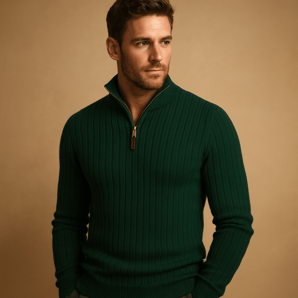 Men Sweater | Half-Zip Ribbed Knit with Long Sleeves - Evergreen Outfits- Sweaters
