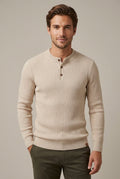 Men Sweater | Henley Neck Ribbed Knit Long Sleeve Fitted - Evergreen Outfits- Sweaters