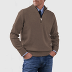 Men Sweater | Quarter-Zip Stand Collar with Ribbed Trim - Evergreen Outfits- Sweaters