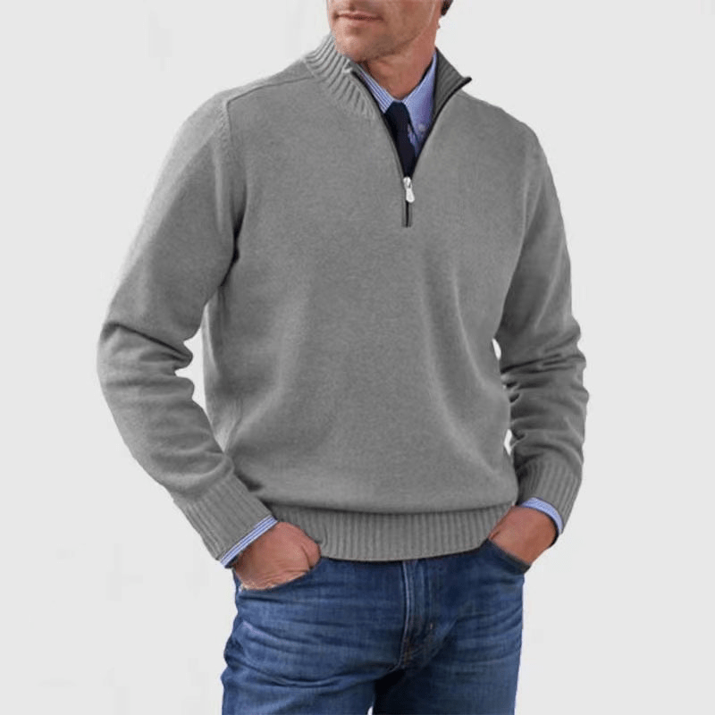 Men Sweater | Quarter-Zip Stand Collar with Ribbed Trim - Evergreen Outfits- Sweaters
