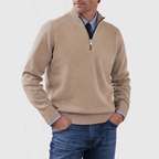 Men Sweater | Quarter-Zip Stand Collar with Ribbed Trim - Evergreen Outfits- Sweaters
