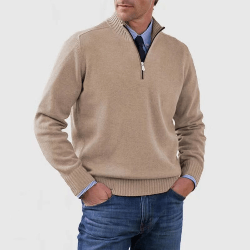 Men Sweater | Quarter-Zip Stand Collar with Ribbed Trim - Evergreen Outfits- Sweaters