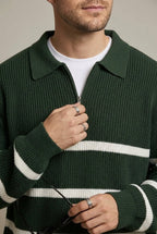 Men Sweater | Quarter Zip with Horizontal Stripe Pattern - Evergreen Outfits- Sweaters