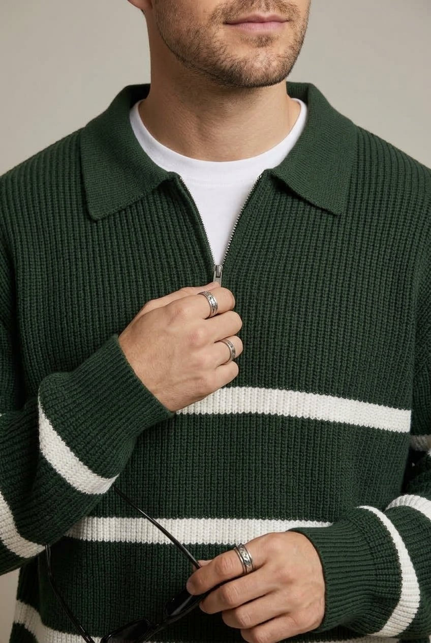 Men Sweater | Quarter Zip with Horizontal Stripe Pattern - Evergreen Outfits- Sweaters