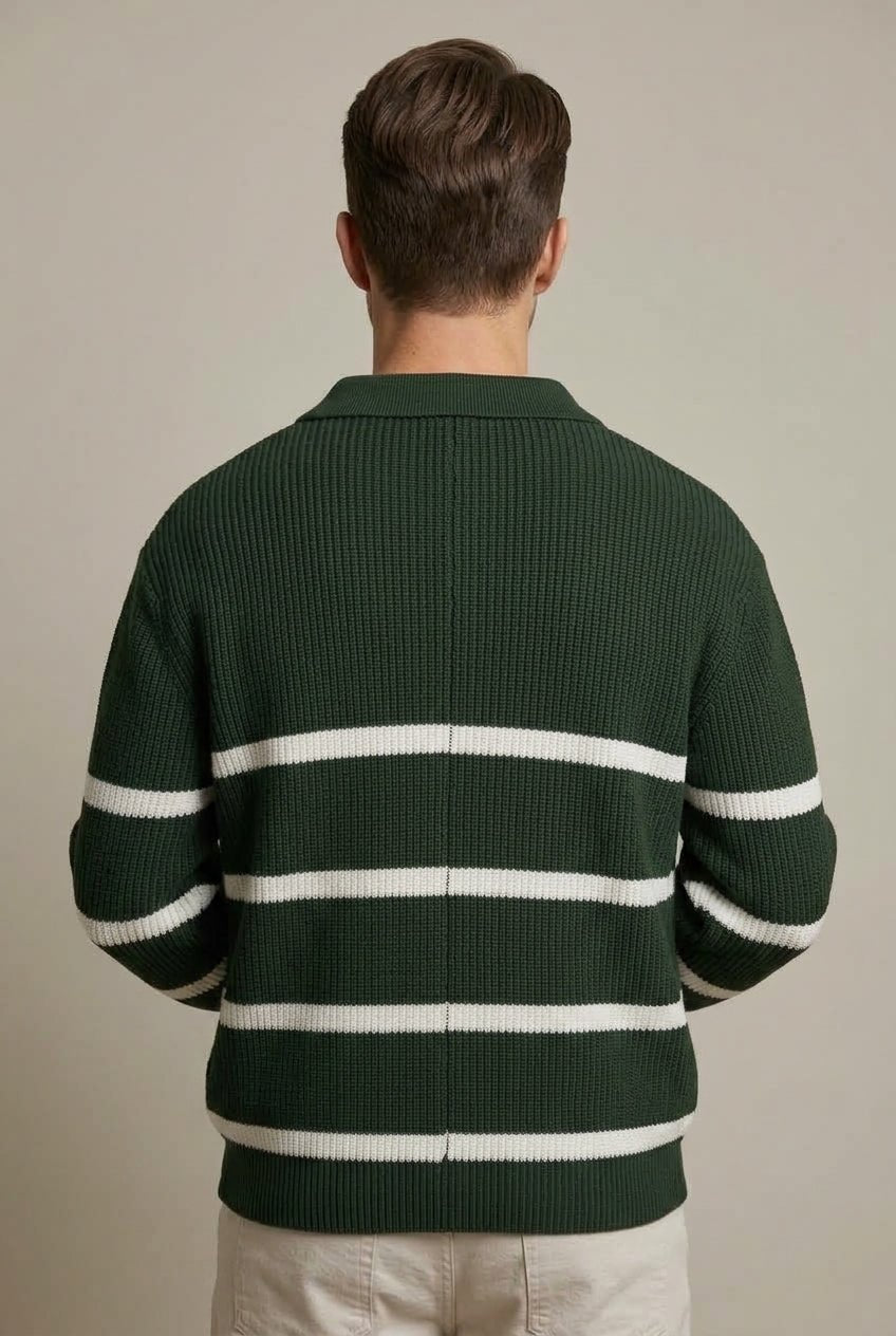 Men Sweater | Quarter Zip with Horizontal Stripe Pattern - Evergreen Outfits- Sweaters