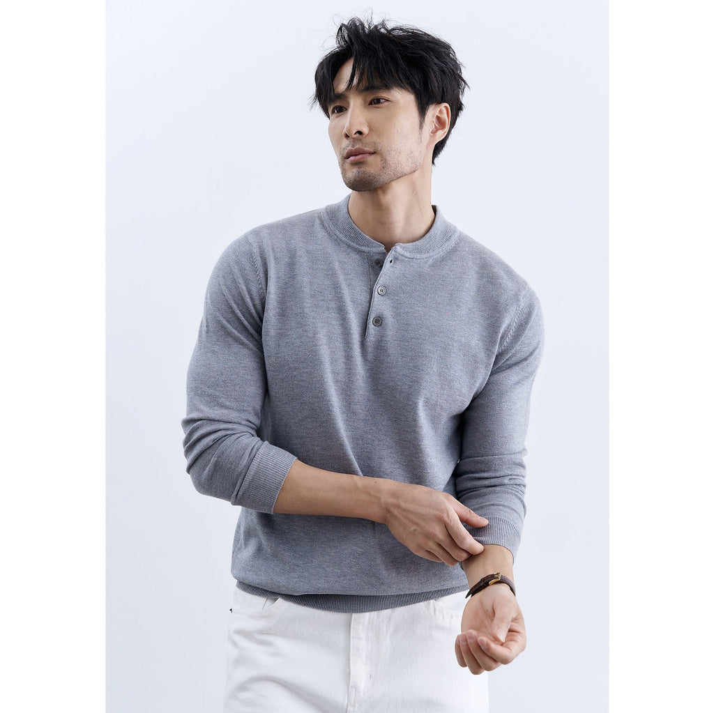 Men Sweater | Relaxed Fit Henley with Button Placket - Evergreen Outfits- Sweaters