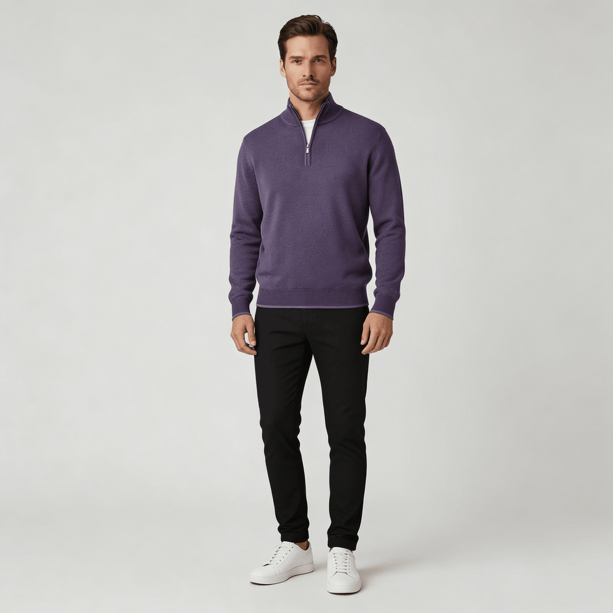 Men Sweater | V-Neck Fine Knit with Adjustable Front Zip - Evergreen Outfits- Sweaters