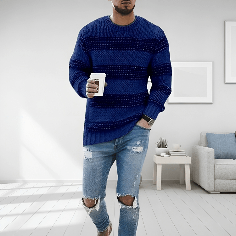 Men Sweatshirt | Striped Cable Knit with Ribbed Crew Neck - Evergreen Outfits- Sweaters