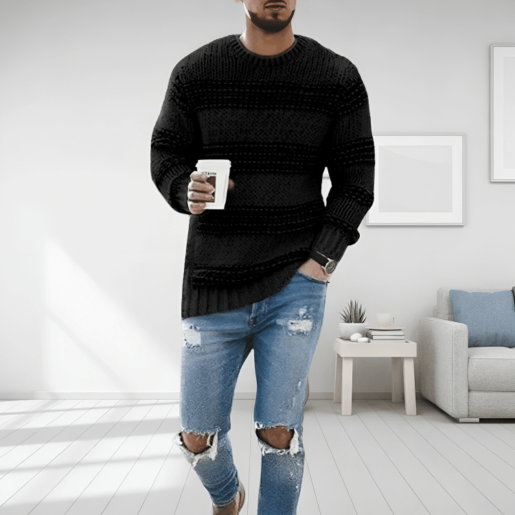 Men Sweatshirt | Striped Cable Knit with Ribbed Crew Neck - Evergreen Outfits- Sweaters