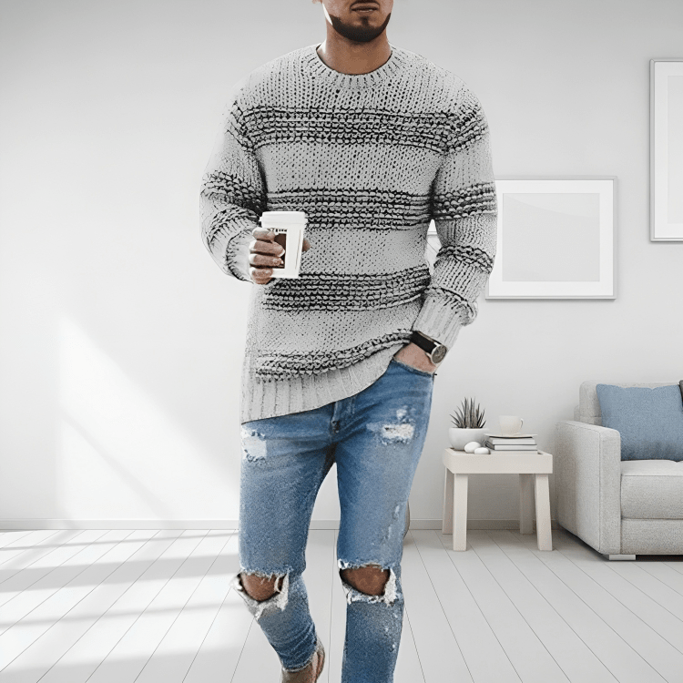 Men Sweatshirt | Striped Cable Knit with Ribbed Crew Neck - Evergreen Outfits- Sweaters