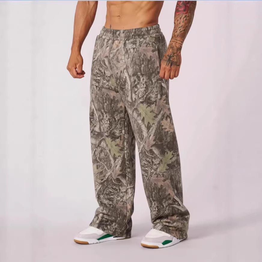Men Trousers | Wide Leg Camouflage Print Elastic Waist - Evergreen Outfits- Trousers