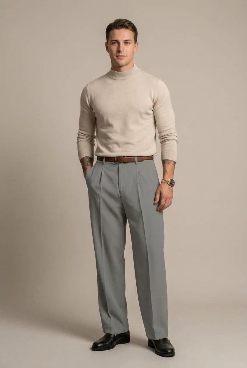 Men Trousers | Wide Leg High-Rise Fit with Front Pleats - Evergreen Outfits- Trousers