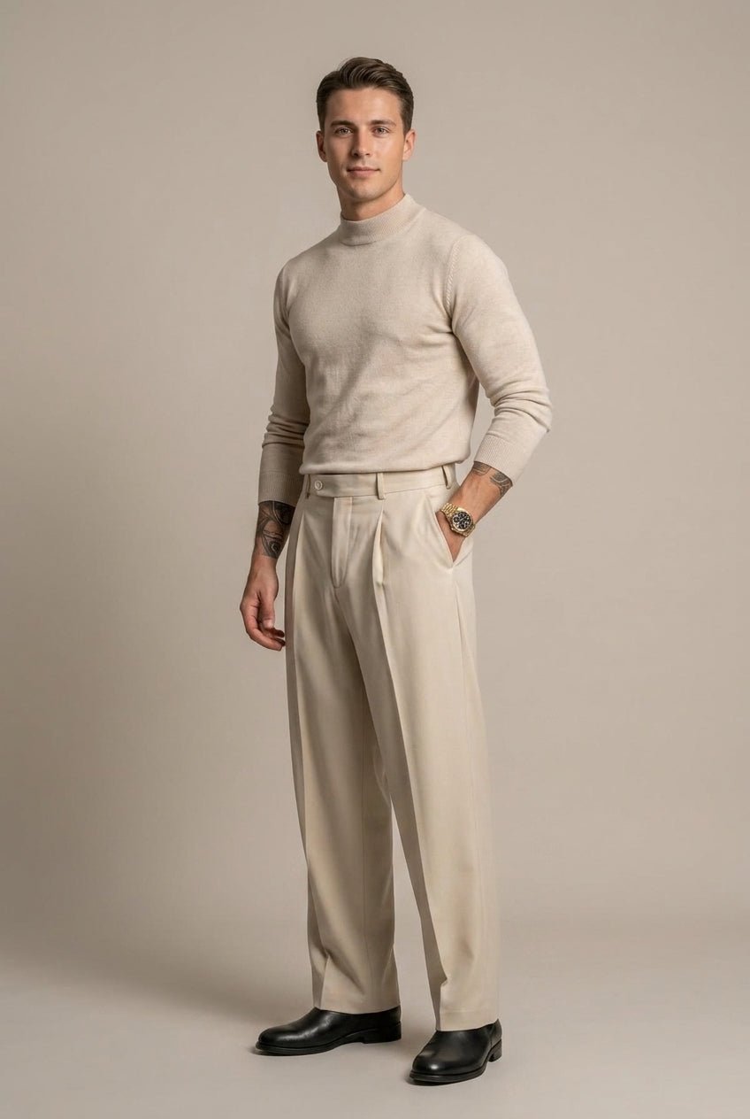 Men Trousers | Wide Leg High-Rise Fit with Front Pleats - Evergreen Outfits- Trousers
