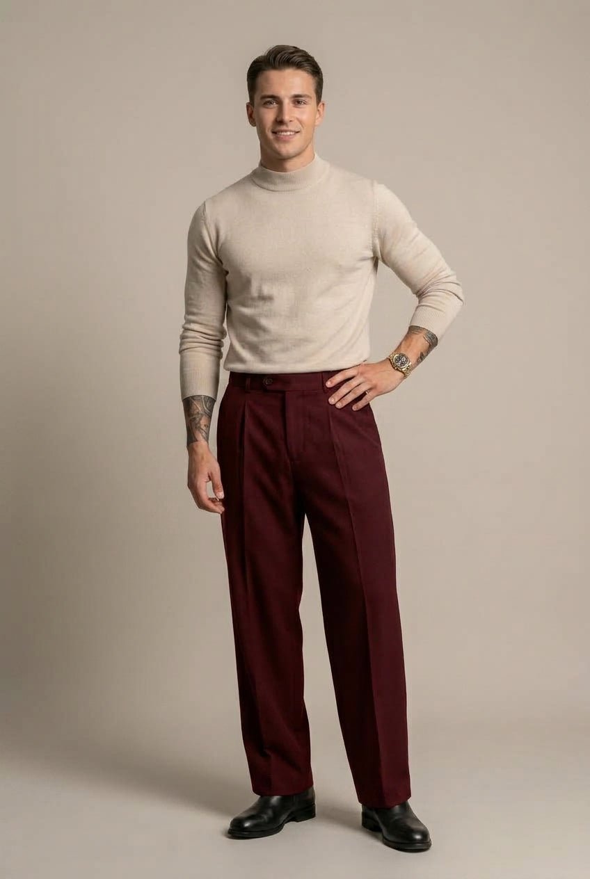 Men Trousers | Wide Leg High-Rise Fit with Front Pleats - Evergreen Outfits- Trousers