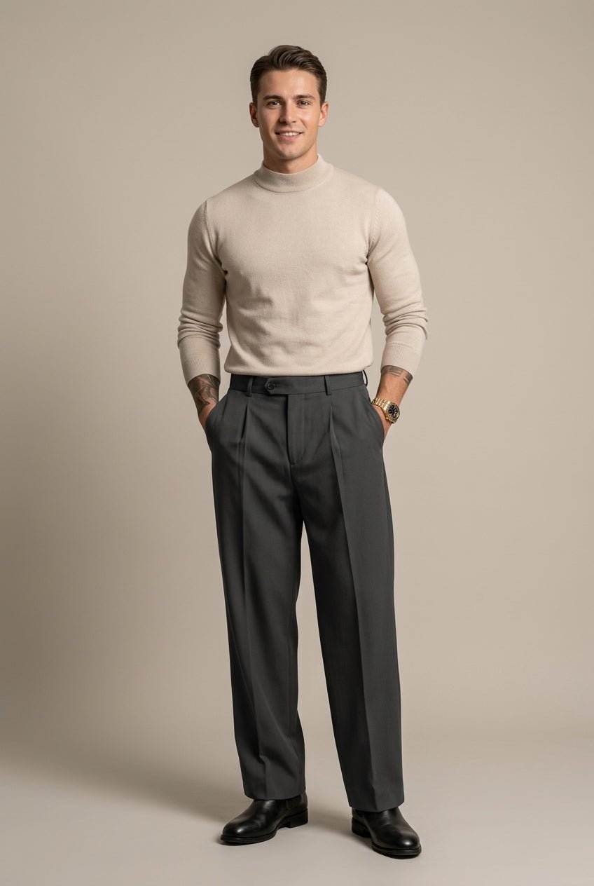 Men Trousers | Wide Leg High-Rise Fit with Front Pleats - Evergreen Outfits- Trousers