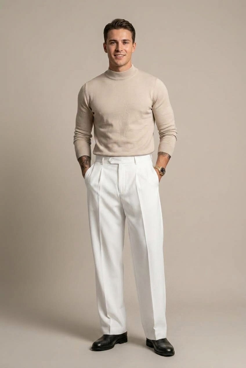 Men Trousers | Wide Leg High-Rise Fit with Front Pleats - Evergreen Outfits- Trousers