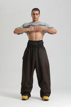 Men Trousers | Wide Leg High Waist Drawstring Cargo Fit - Evergreen Outfits- Trousers