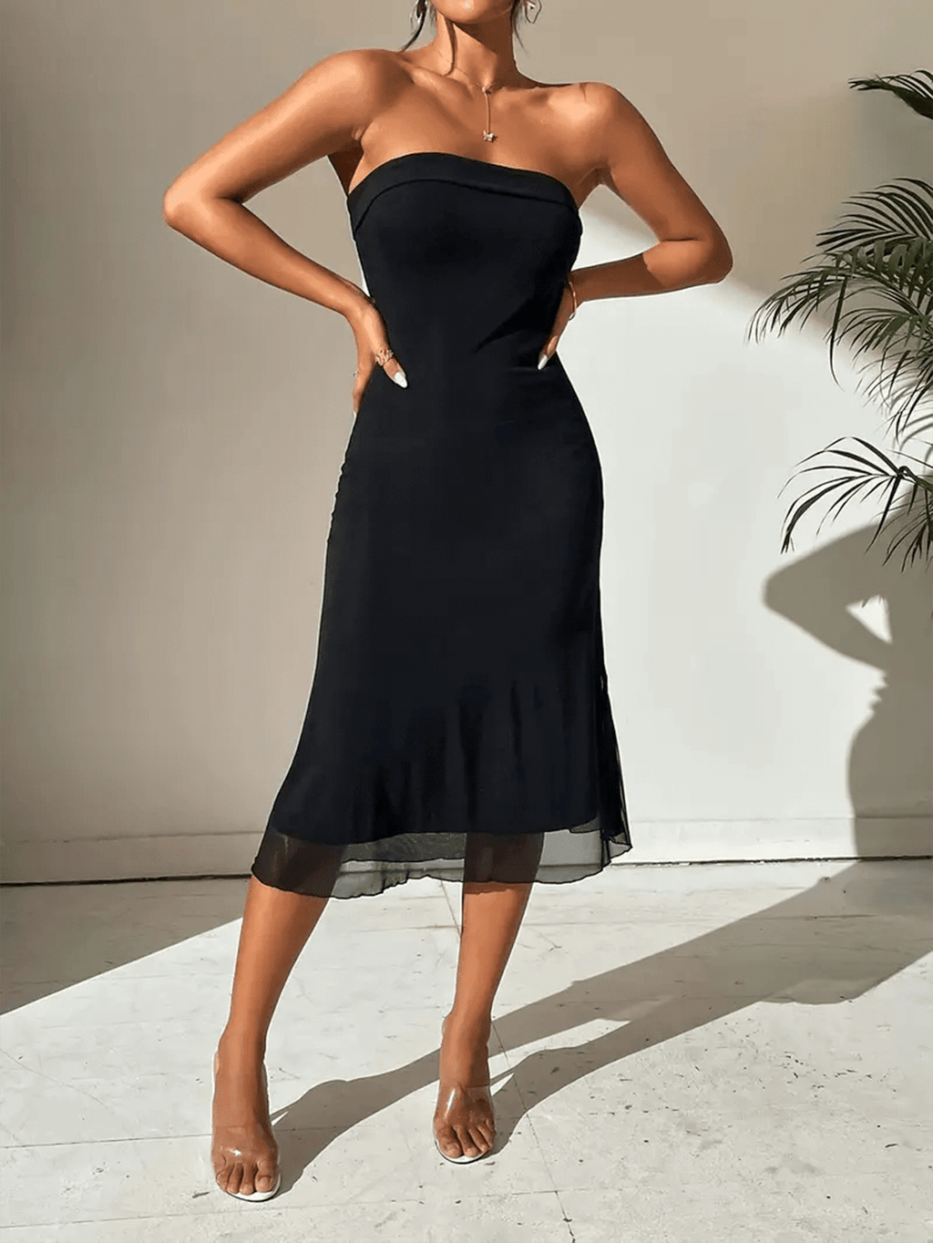 Midi Dress Women Bodycon Fit Strapless Neckline - Evergreen Outfits - Women Midi Dress