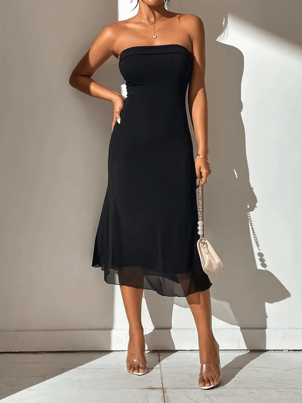 Midi Dress Women Bodycon Fit Strapless Neckline - Evergreen Outfits - Women Midi Dress