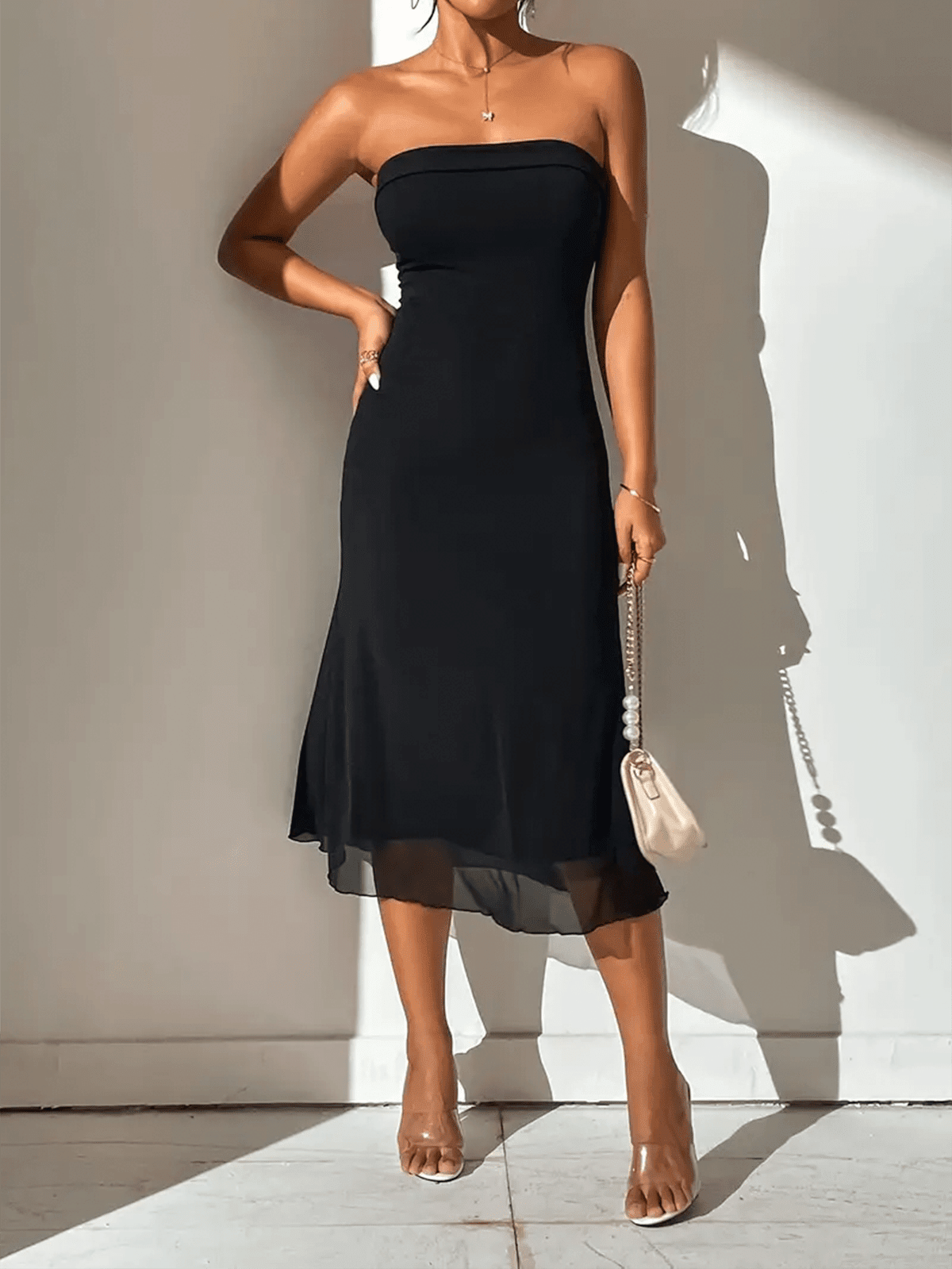 Midi Dress Women Bodycon Fit Strapless Neckline - Evergreen Outfits - Women Midi Dress