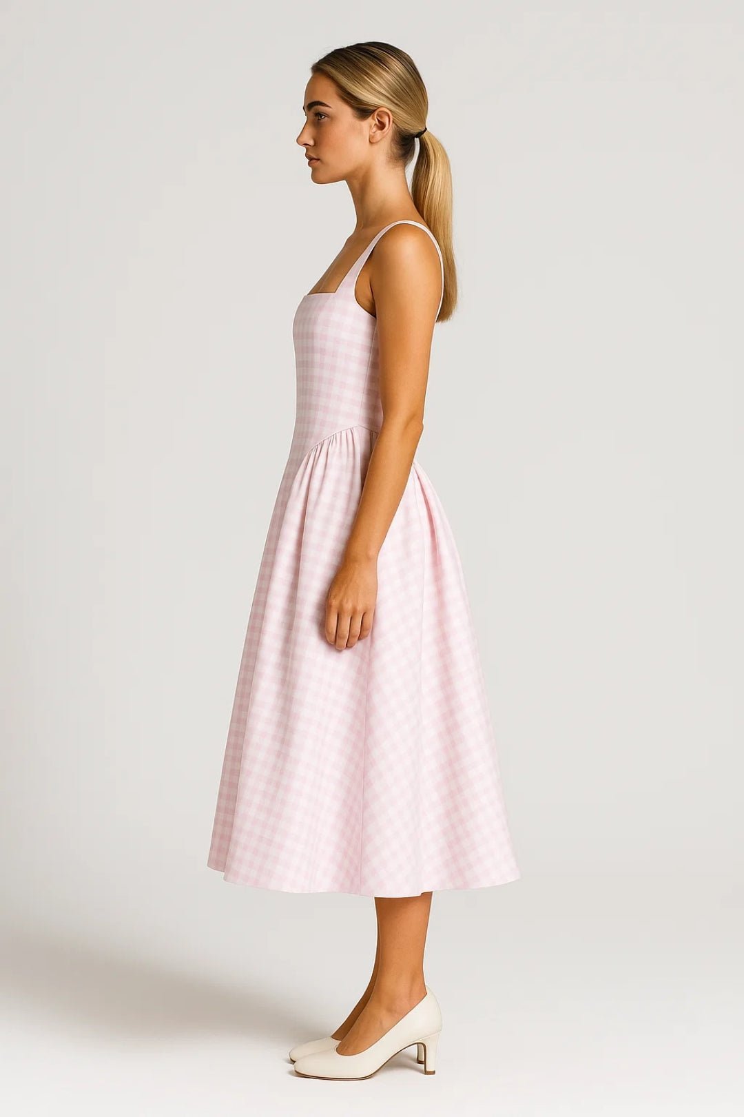 Midi Dress Women Checked Print Spaghetti Strap Flared - Evergreen Outfits - Women Midi Dress