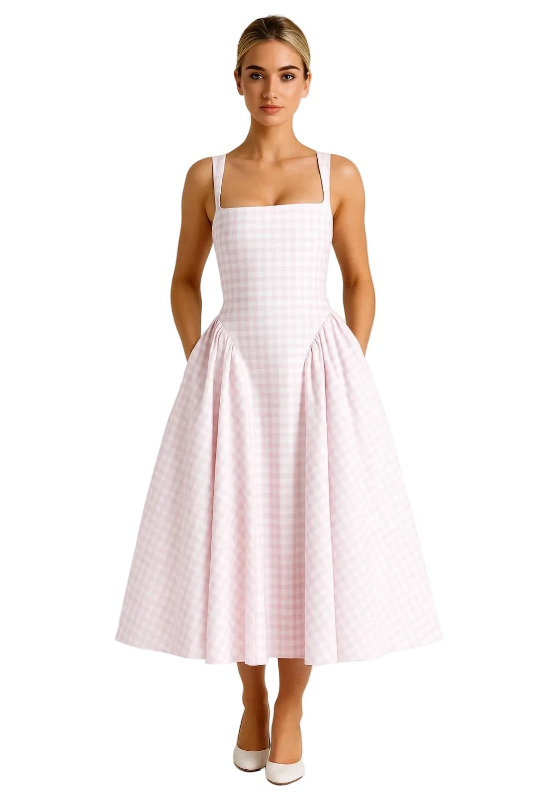 Midi Dress Women Checked Print Spaghetti Strap Flared - Evergreen Outfits - Women Midi Dress