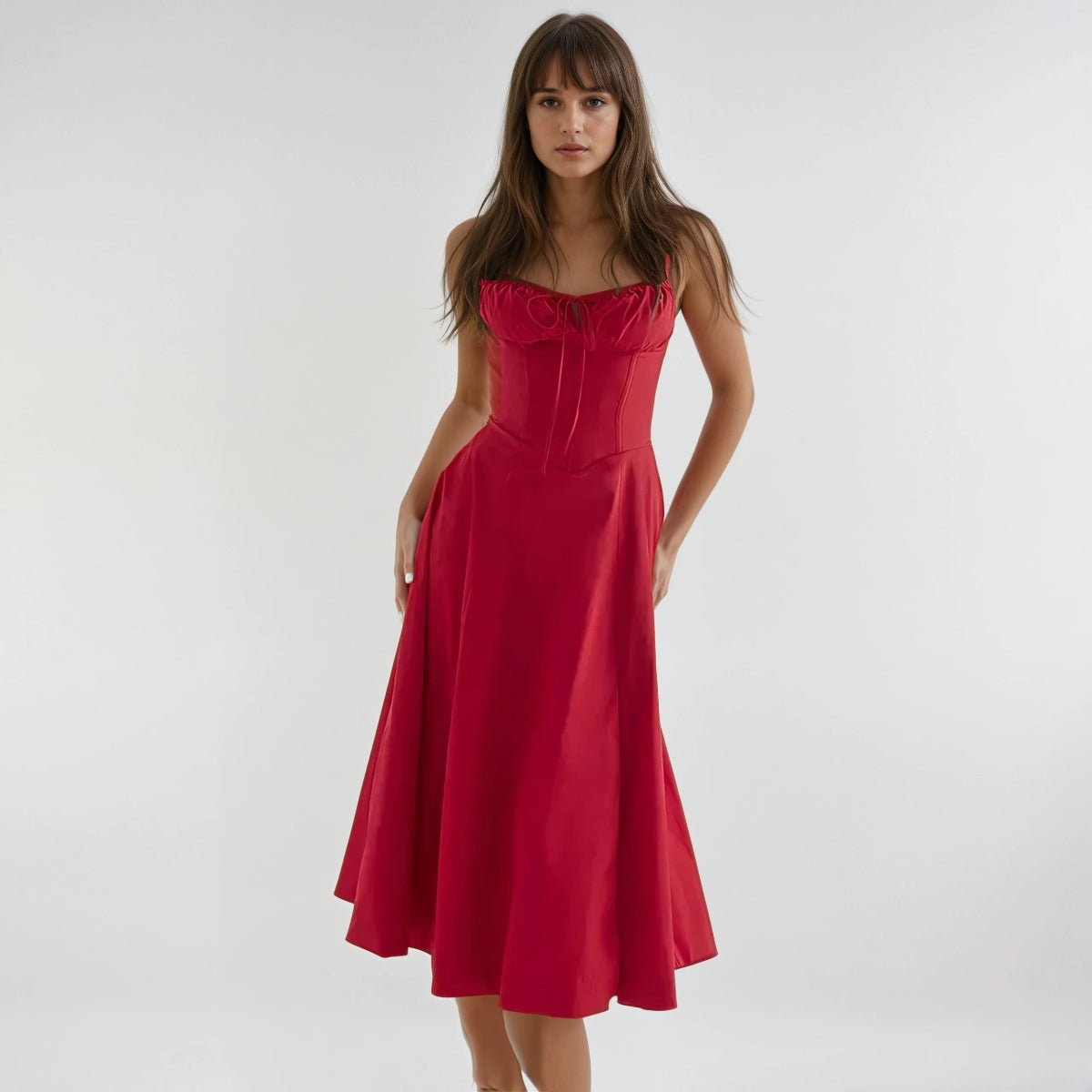 Midi Dress Women Corset Bodice Flared Skirt Structure - Evergreen Outfits - Women Midi Dress