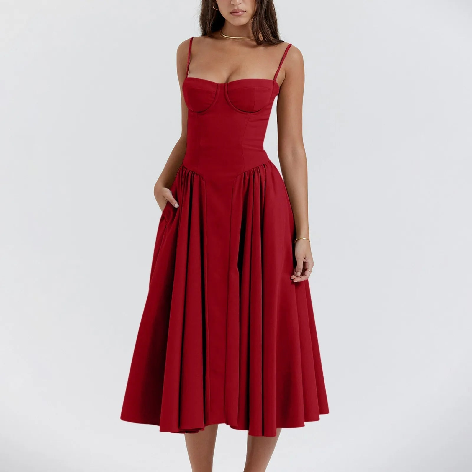 Midi Dress Women Corset Bodice Pleated Gathered Skirt - Evergreen Outfits - Women Midi Dress