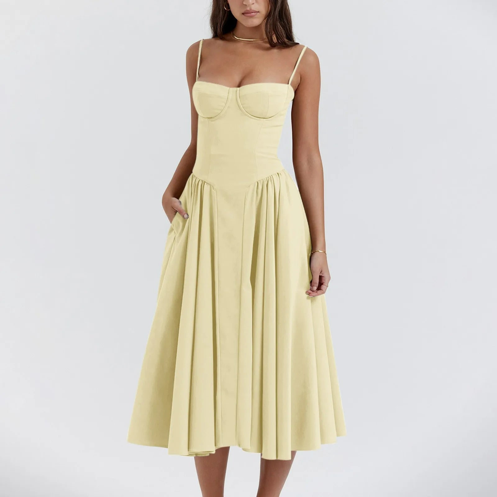 Midi Dress Women Corset Bodice Pleated Gathered Skirt - Evergreen Outfits - Women Midi Dress