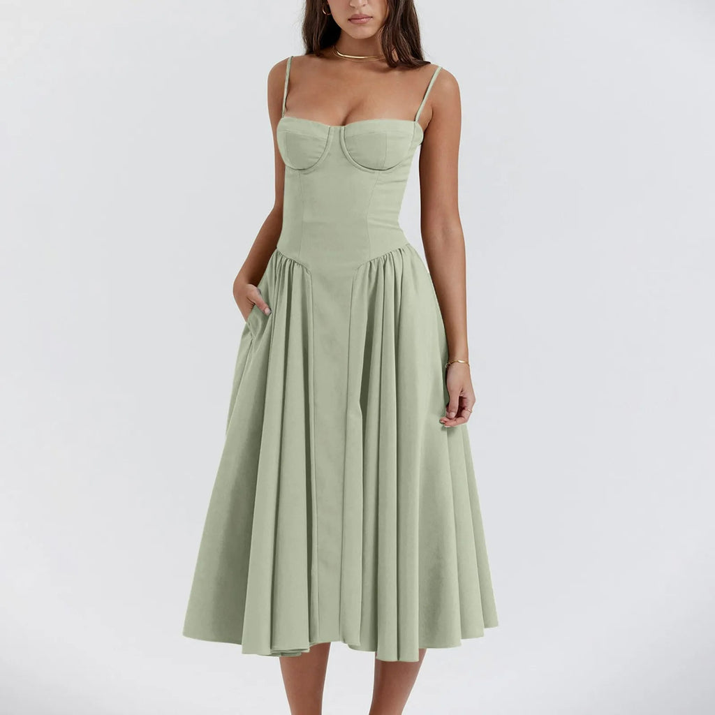 Midi Dress Women Corset Bodice Pleated Gathered Skirt - Evergreen Outfits - Women Midi Dress