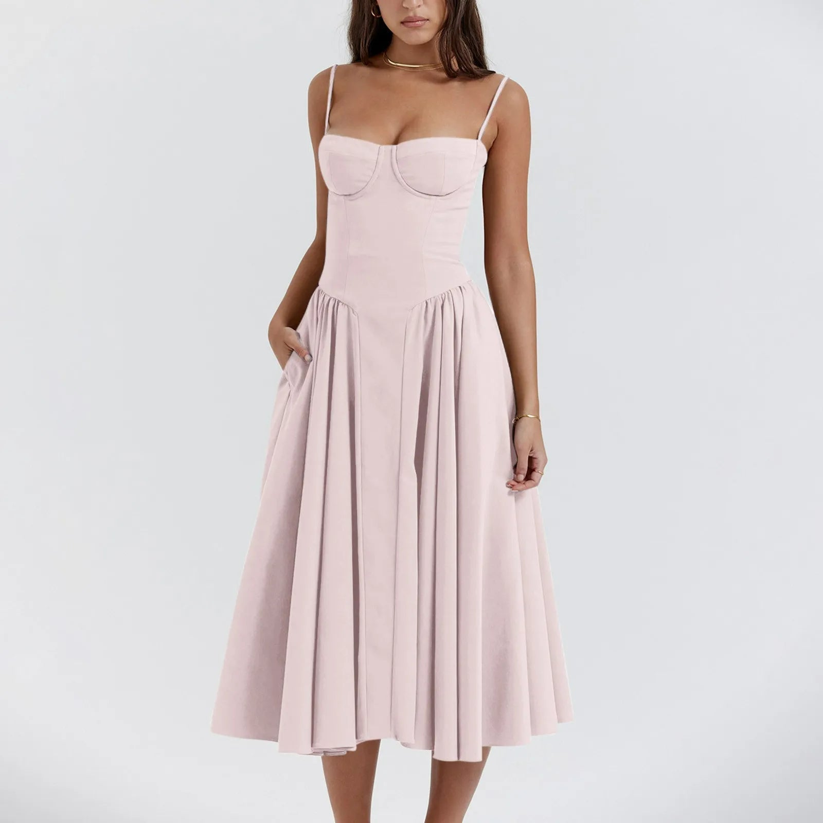 Midi Dress Women Corset Bodice Pleated Gathered Skirt - Evergreen Outfits - Women Midi Dress