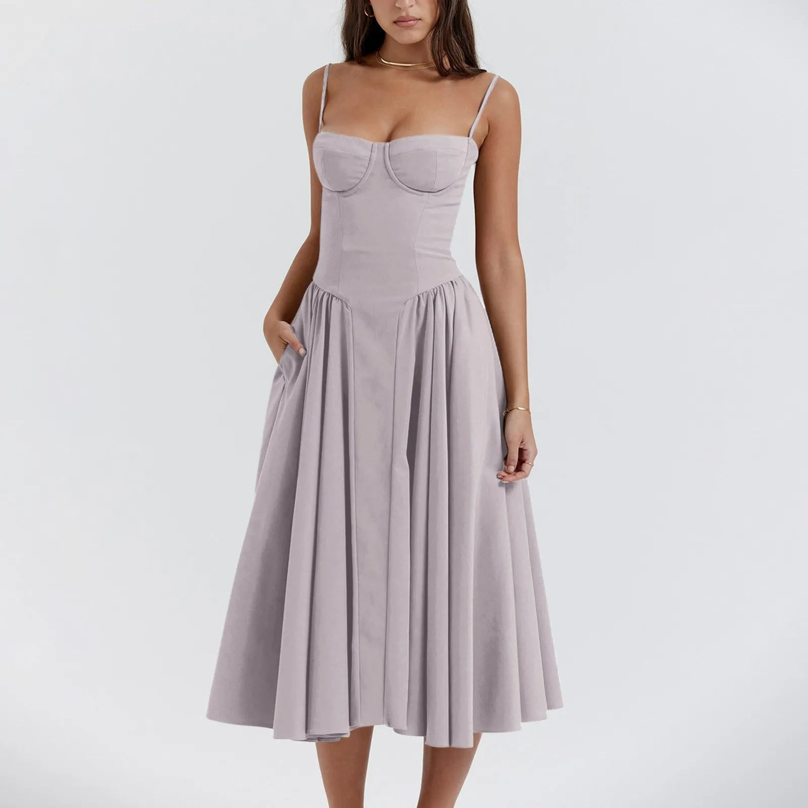 Midi Dress Women Corset Bodice Pleated Gathered Skirt - Evergreen Outfits - Women Midi Dress