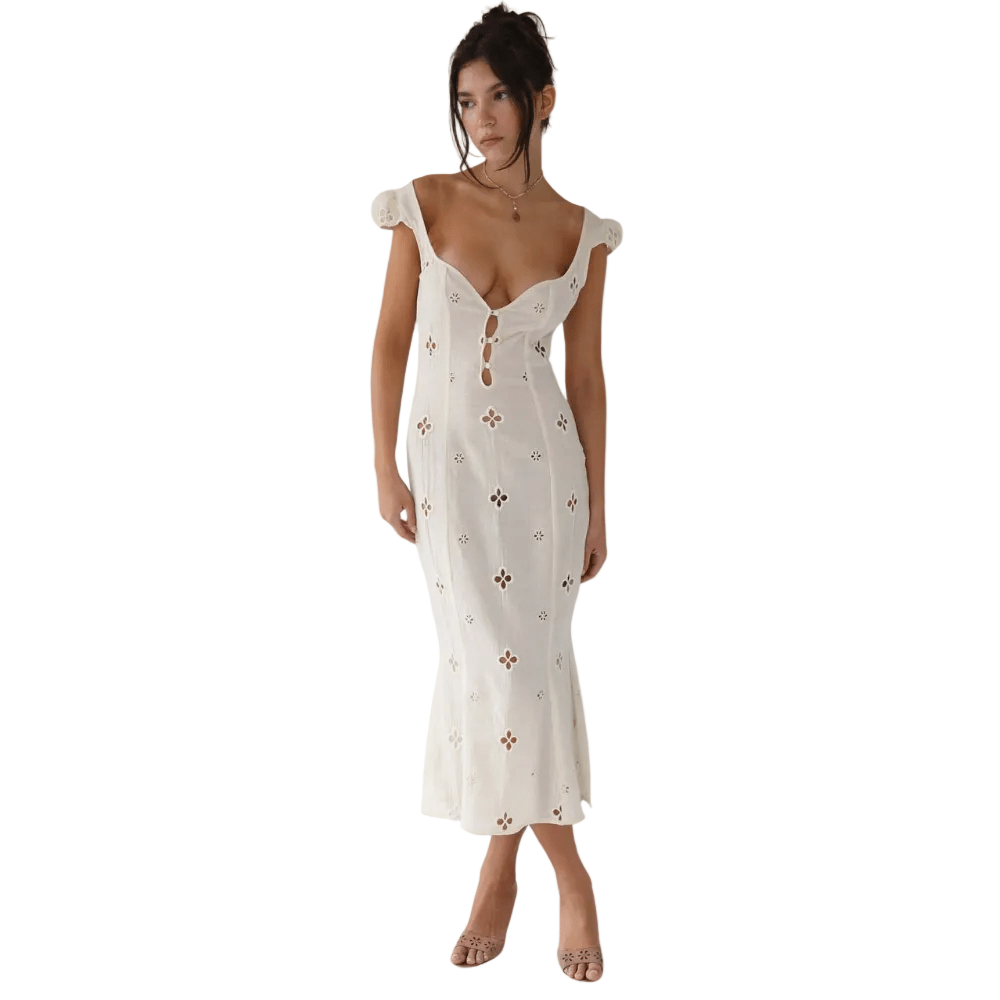 Midi Dress Women Embroidered Puff Sleeve Mid-Rise Fishtail - Evergreen Outfits- Women Midi Dress
