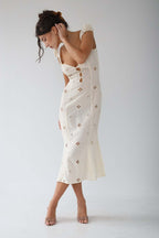 Midi Dress Women Embroidered Puff Sleeve Mid-Rise Fishtail - Evergreen Outfits- Women Midi Dress
