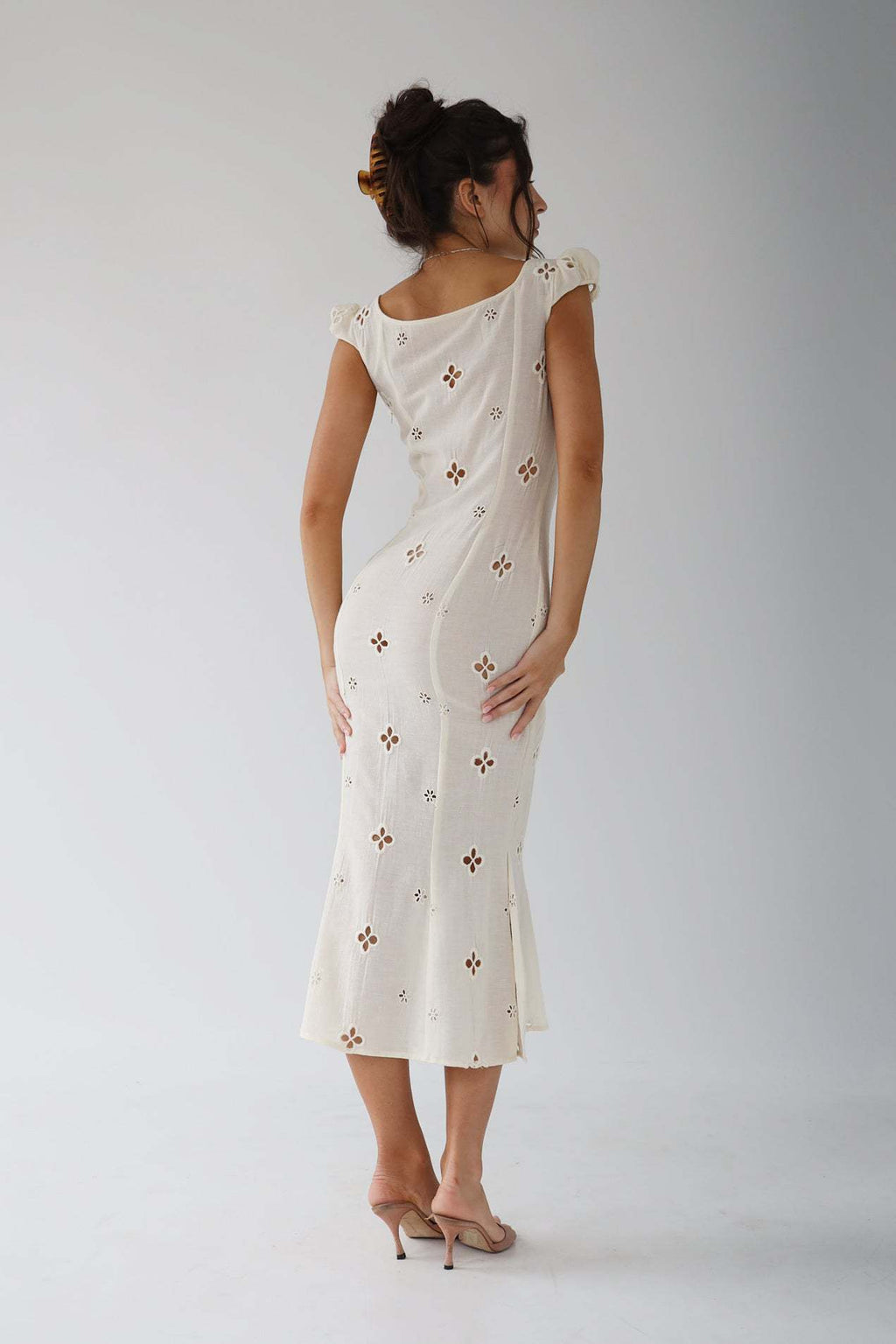 Midi Dress Women Embroidered Puff Sleeve Mid-Rise Fishtail - Evergreen Outfits- Women Midi Dress