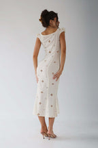 Midi Dress Women Embroidered Puff Sleeve Mid-Rise Fishtail - Evergreen Outfits- Women Midi Dress